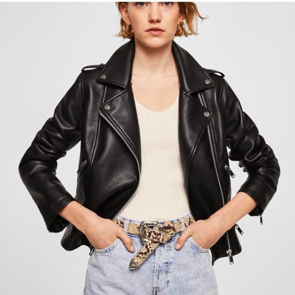 NWOT Mango Appliqué Biker Faux Leather Jacket, XS
